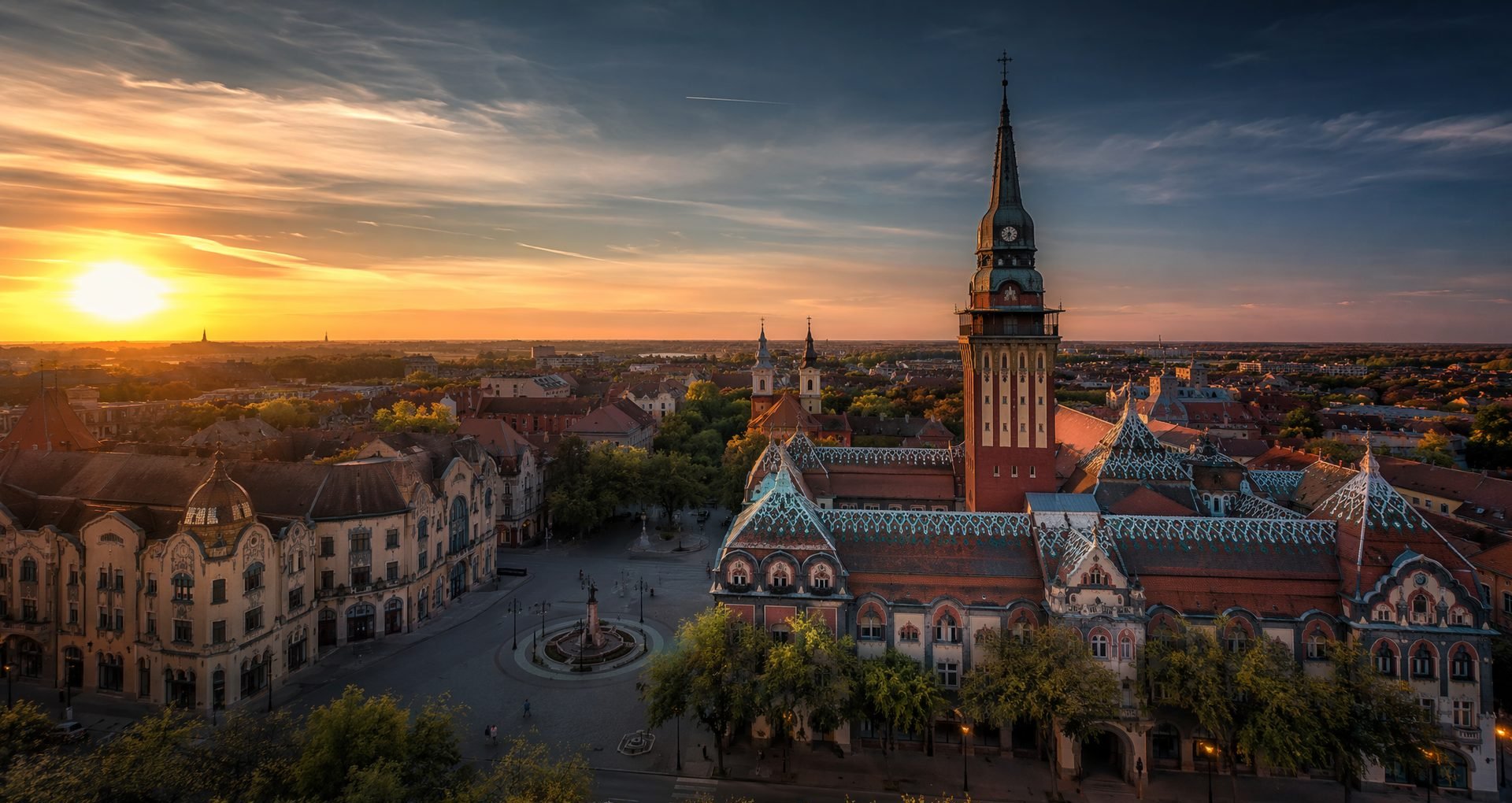 Panorama of Subotica at sunset: the Art Nouveau City Hall and the historic city centre