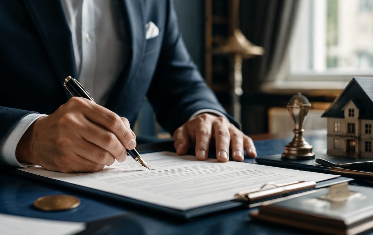 Signing a real estate purchase agreement at the notary's office