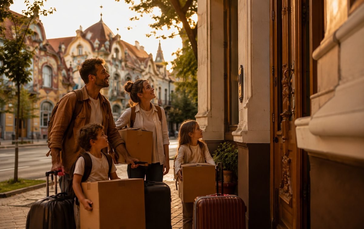 A family with suitcases moving into a new home in Subotica